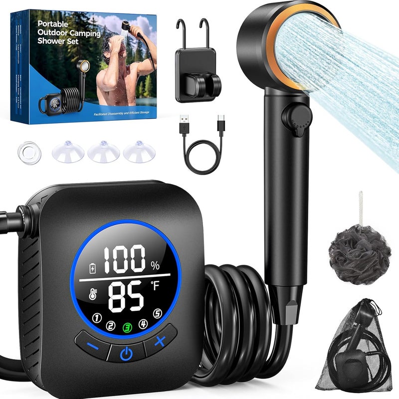 Docusvect Portable Shower for Camping 8000mAh with 3X Stronger Water Flow, Portable Camping Shower with 5 Pressure Levels, 4 Spray Modes, 26oz Ultra Lightweight, IPX8 Waterproof - Image 1